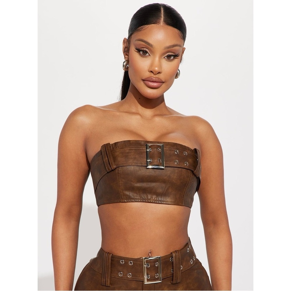 Fashion Nova Janisa Faux Leather Bantu Tube Top Brown Size XL